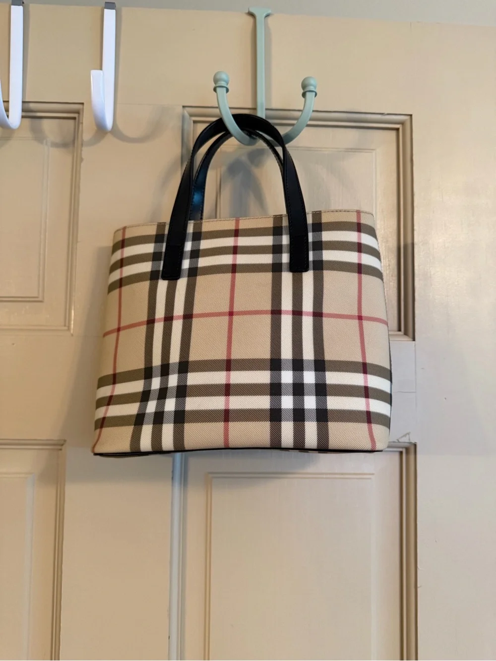 Burberry Beige Mini Tote with Black Handles and Red Accents